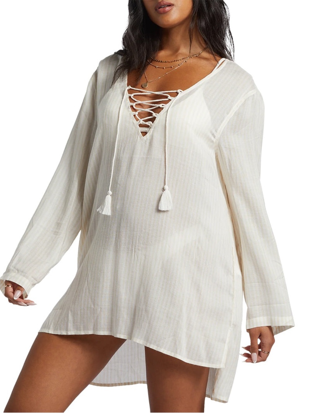 Billabong Blue Skies Beach Coverup Cream Laceup Mini Dress Tunic Top Surf M